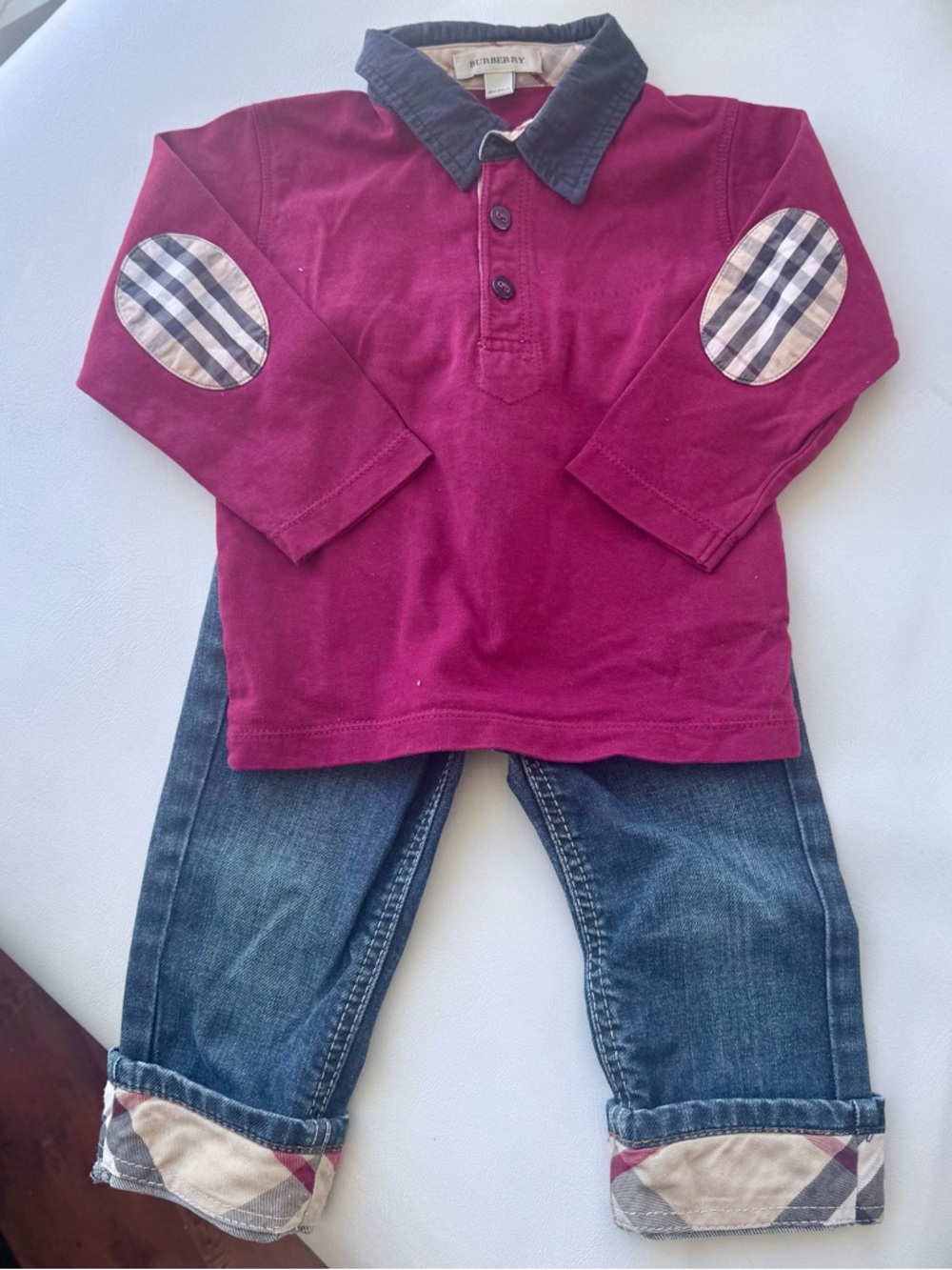 Burberry set Polo shirt red + pants jean elastic belt 12/18 months vintage